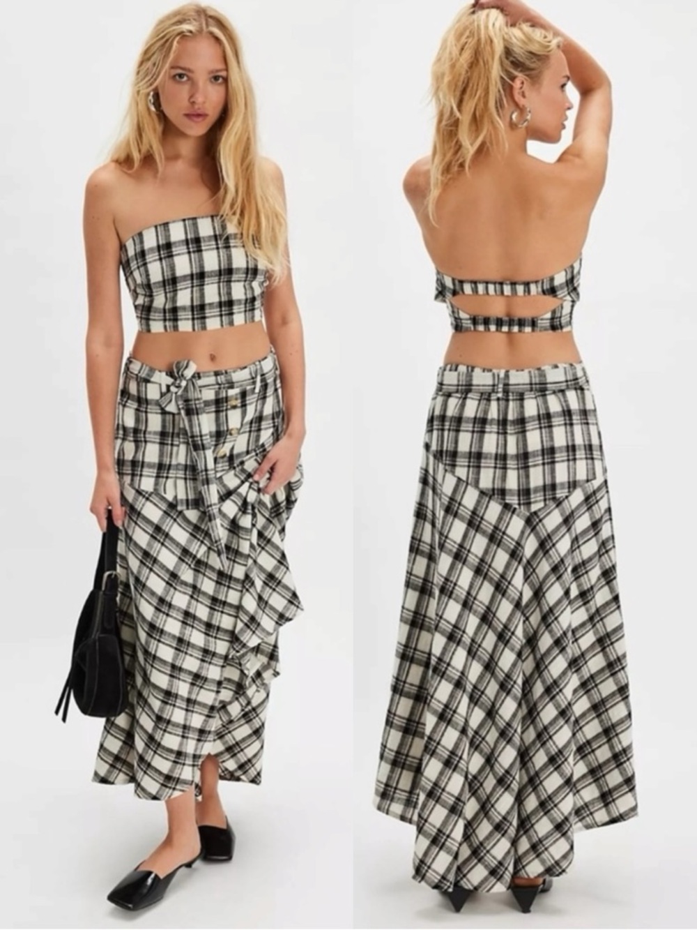 Free People Gingham Plaid Picnic After You Set Maxi Skirt Tube Top NWT Small